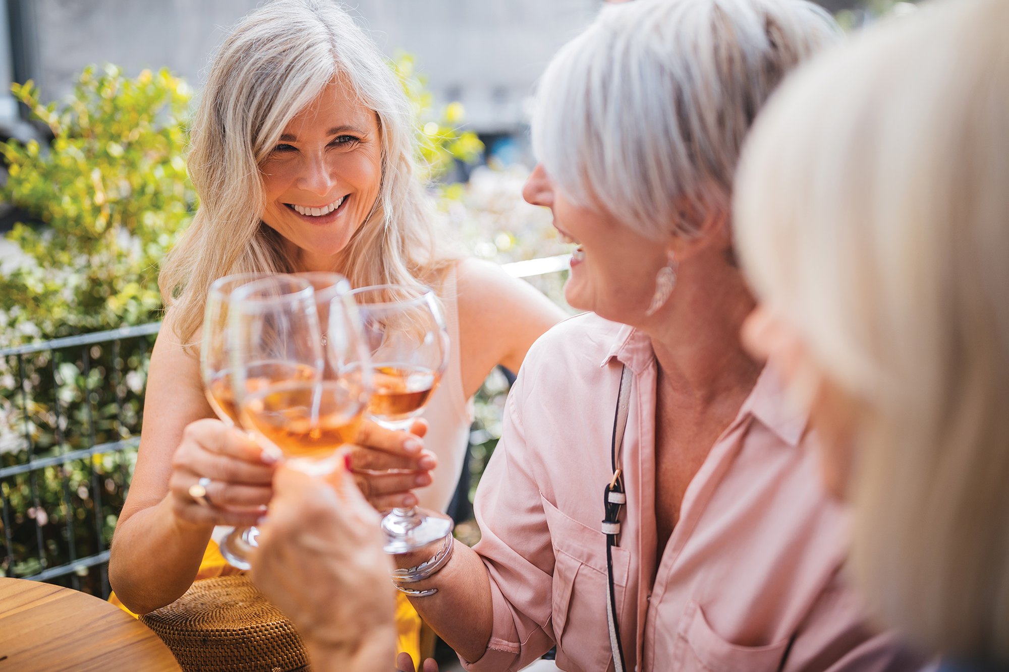 Group of older women enjoying a cheerful outdoor gathering, clinking glasses of rosé wine and smiling in the sunshine.
